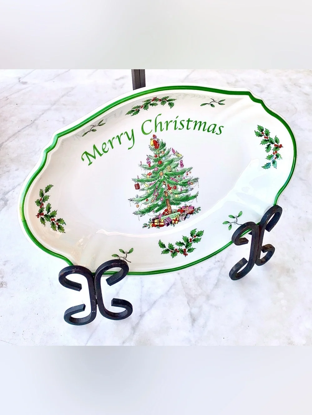 SPODE CHRISTMAS TREE OVAL MERRY CHRISTMAS TRAY PLATTER NEW GREEN GIFTS TOYS